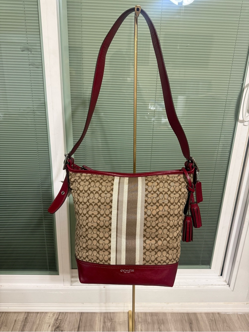 Coach Signature Canvas Stripe Shoulder Bag in Red and Khaki